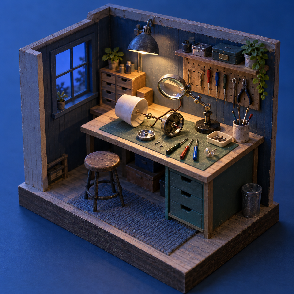 Illustrative scene of small appliance repair bench: a disassembled unbranded lamp, precision screwdrivers, an analog magnifier
